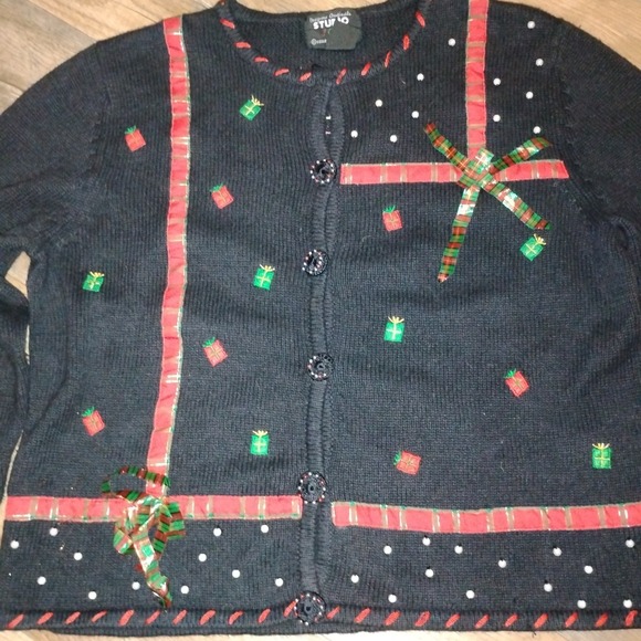 Studio Christmas Cardigan Sweater Petite Women PL Presents, Gifts, Bow - Picture 4 of 16